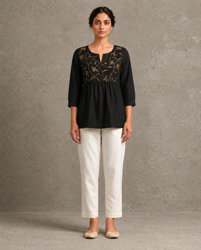 IHSAR Off-White Boho Top in Black – top with gold sequin embroidery