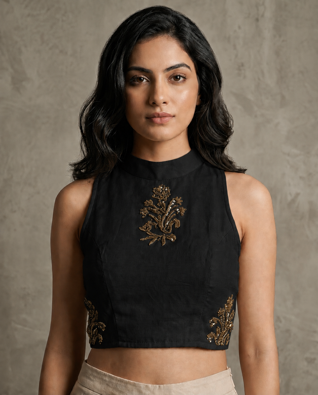 IHSAR Off-White Tank-Top Style Blouse in Black – blouse with gold sequin embroidery