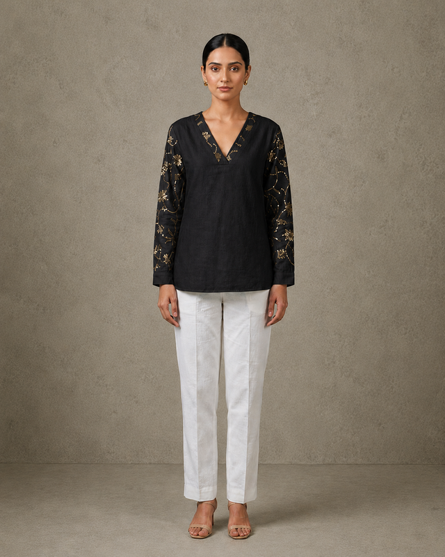 IHSAR Honey Gold V-Neck Silk Chanderi Top in Black – top with gold sequin embroidery