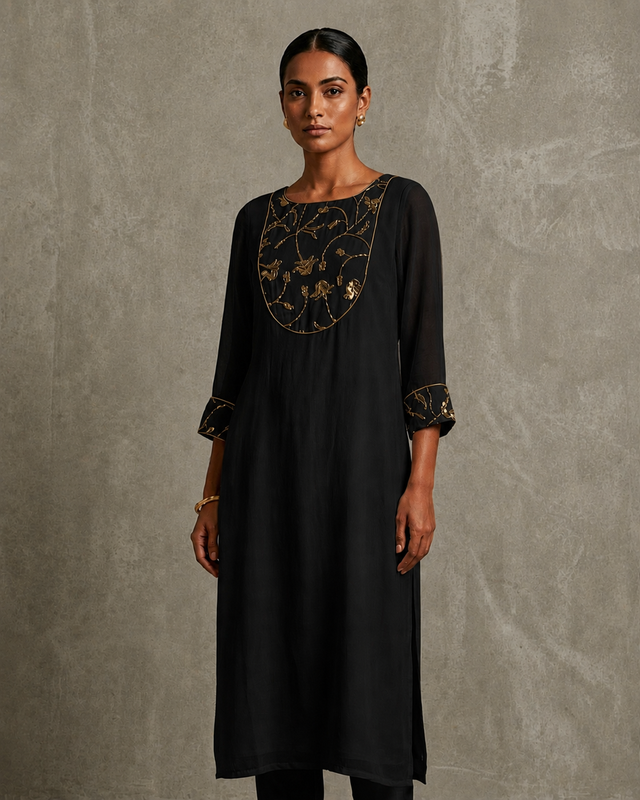 IHSAR Off-White Long Kurta in Black – kurta with gold sequin embroidery