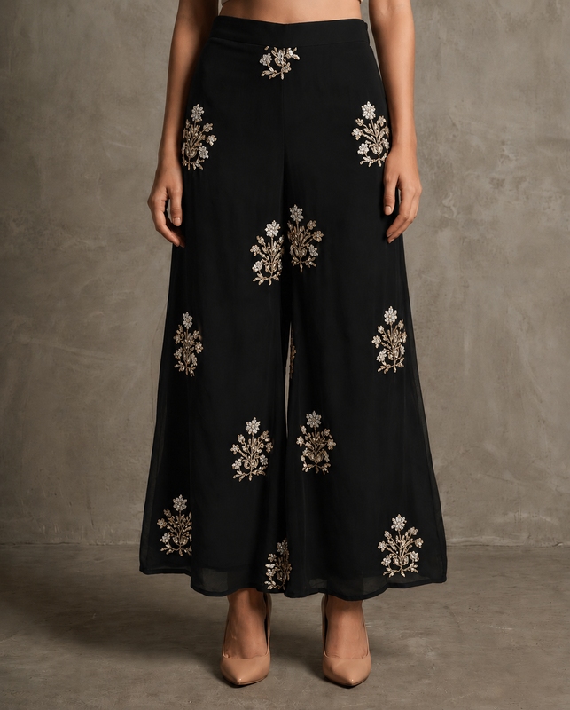 IHSAR Flared Off-White Pants in Black – pants with gold sequin embroidery