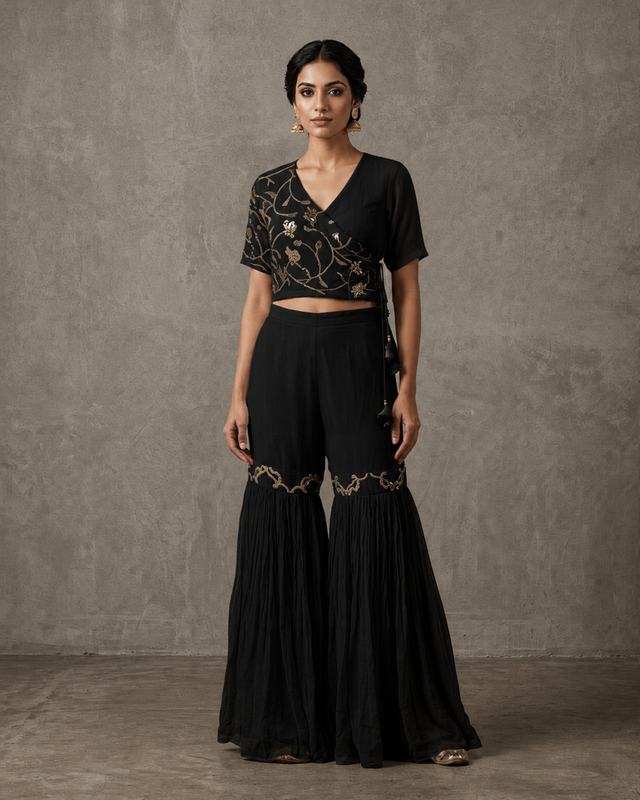 IHSAR White Angrakha Crop Top and Sharara Pant Set in Black – co-ord set with gold sequin embroidery