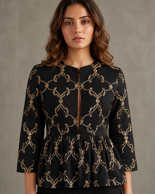 IHSAR Off-White Peplum Jacket in Black – jacket with gold sequin embroidery