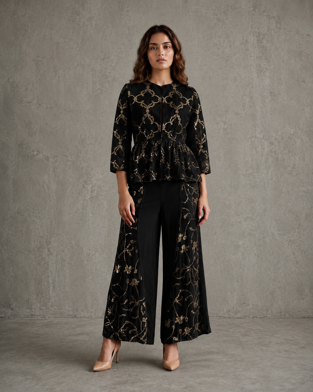 IHSAR Off-White Co-ord Set in Black – co-ord set with gold sequin embroidery