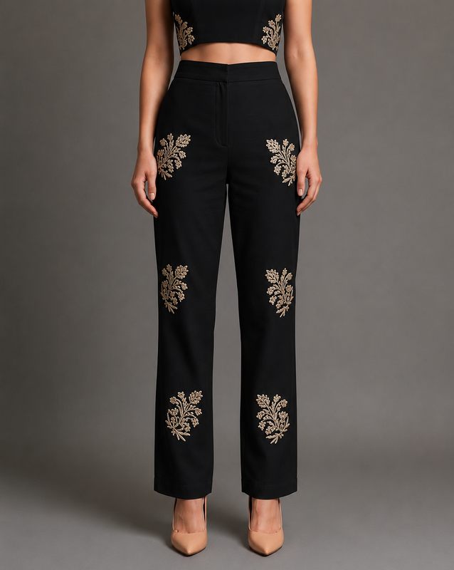 IHSAR Straight Off-White Pants in Black – pants with gold sequin embroidery