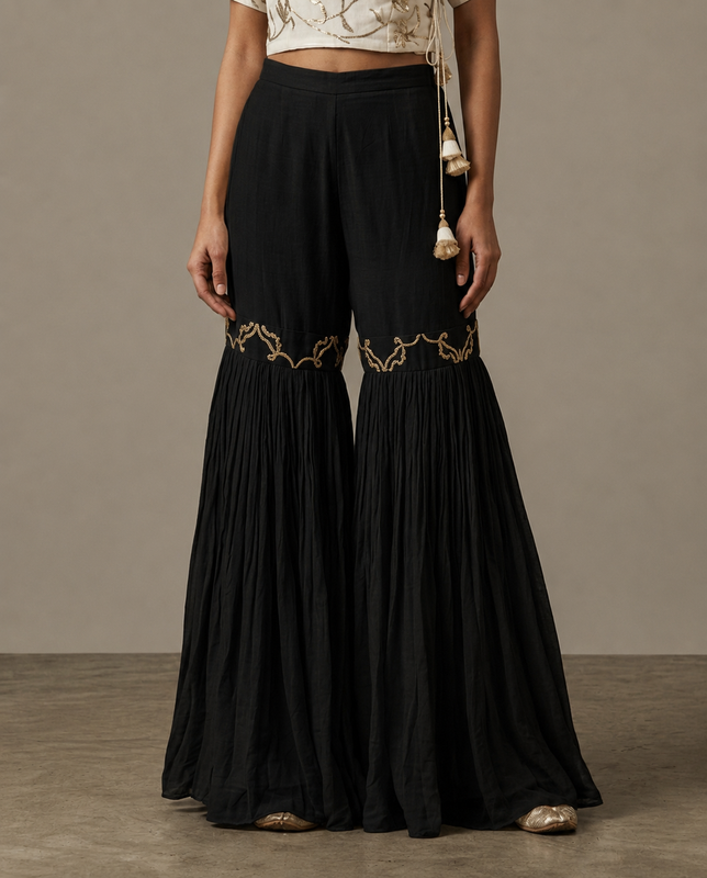 IHSAR White Sharara Pants in Black – sharara with gold sequin embroidery