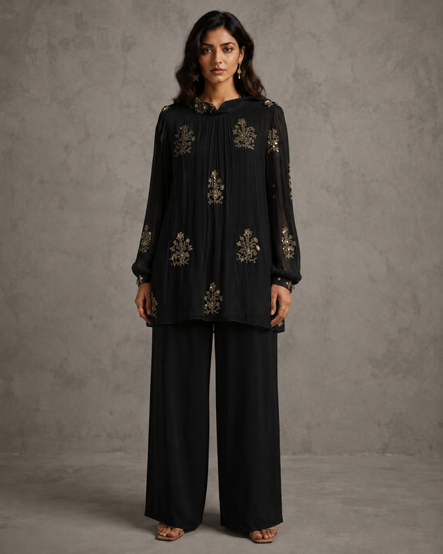 IHSAR Mint Green Sequins Georgette Top in Black – top with gold sequin embroidery
