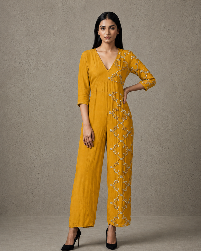 IHSAR Black Cocktail Jumpsuit in Mustard – jumpsuit with gold sequin embroidery