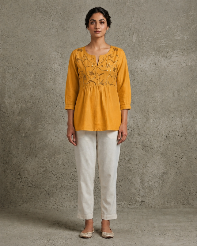 IHSAR Off-White Boho Top in Mustard – top with gold sequin embroidery
