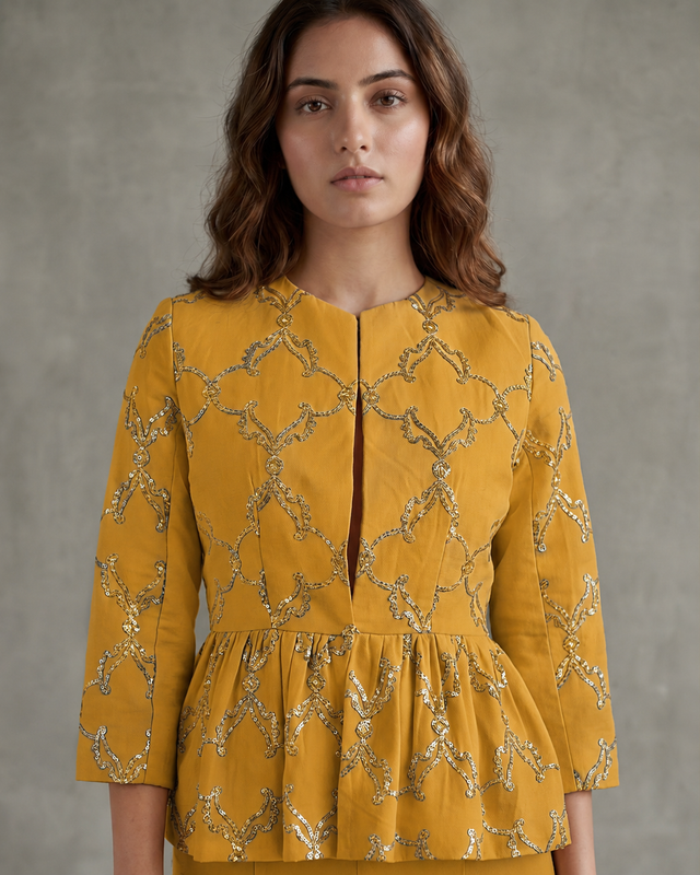 IHSAR Off-White Peplum Jacket in Mustard – jacket with gold sequin embroidery