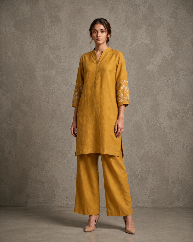 IHSAR Off-White Kurta With Sequins Sleeves in Mustard – kurta with gold sequin embroidery