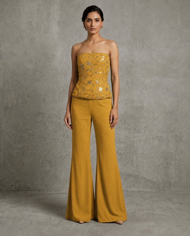 IHSAR Mint Green Tube Top in Mustard – tube top with gold sequin embroidery