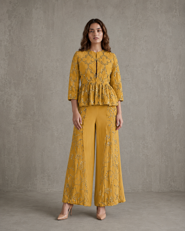 IHSAR Off-White Co-ord Set in Mustard – co-ord set with gold sequin embroidery