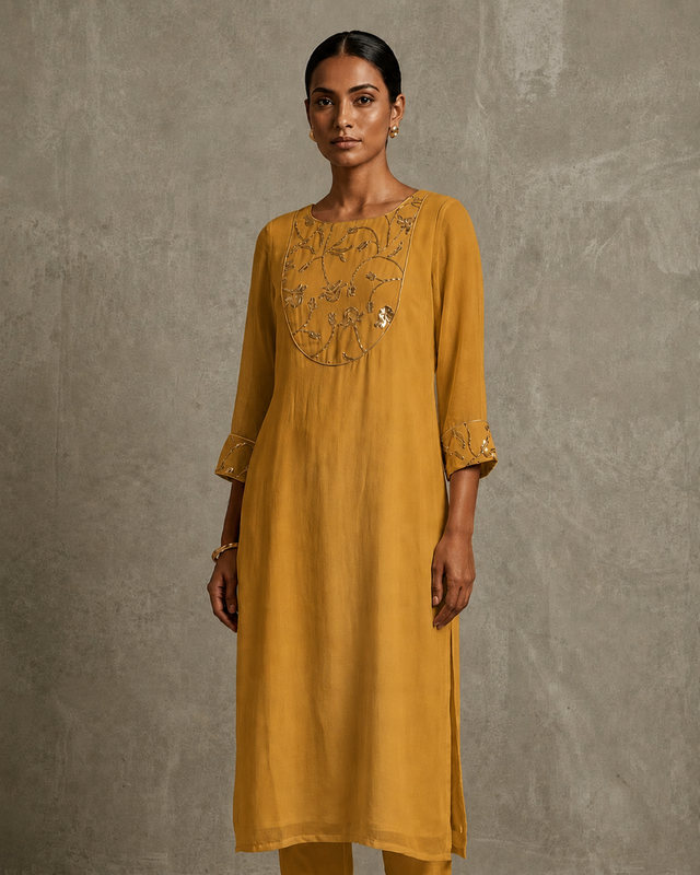 IHSAR Off-White Long Kurta in Mustard – kurta with gold sequin embroidery