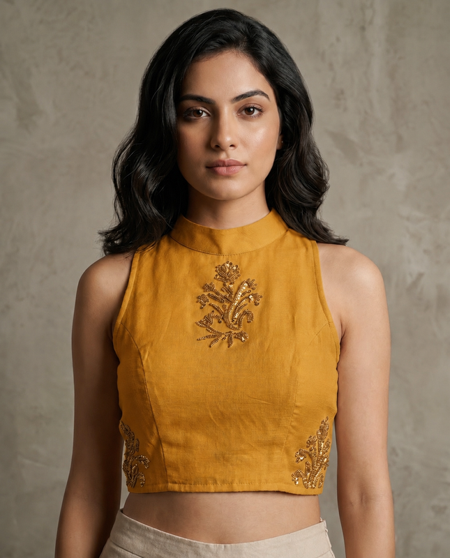 IHSAR Off-White Tank-Top Style Blouse in Mustard – blouse with gold sequin embroidery