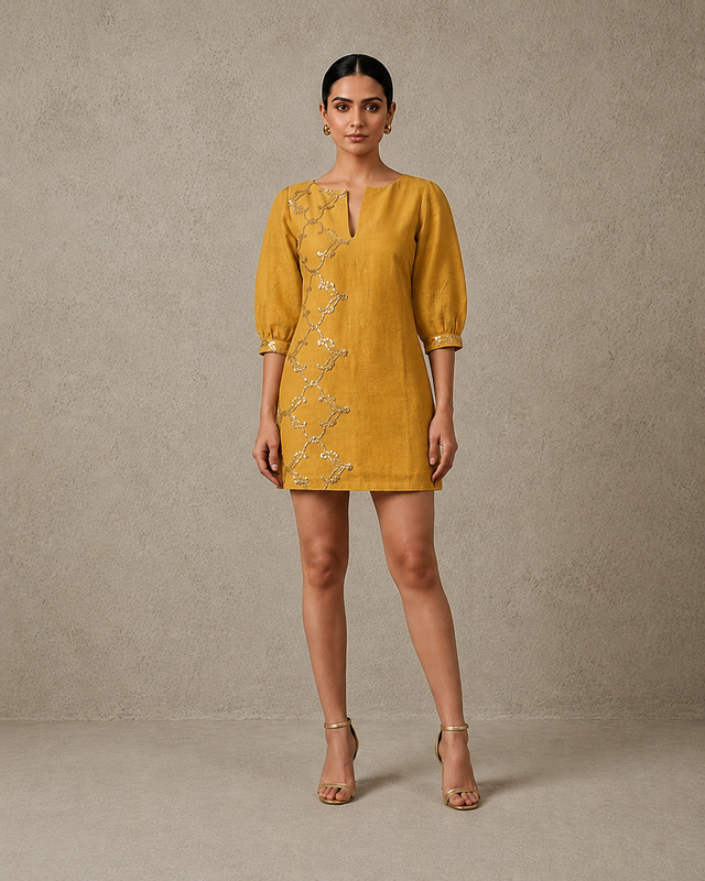 IHSAR Metallic Grey Silk Top Cum Dress in Mustard – top with gold sequin embroidery