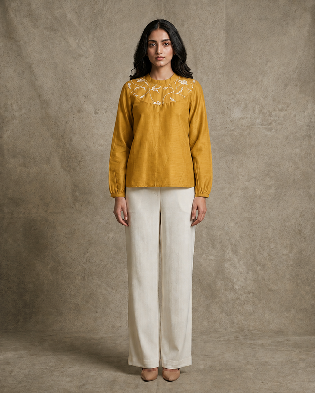 IHSAR Olive Sequins Top in Mustard – top with gold sequin embroidery