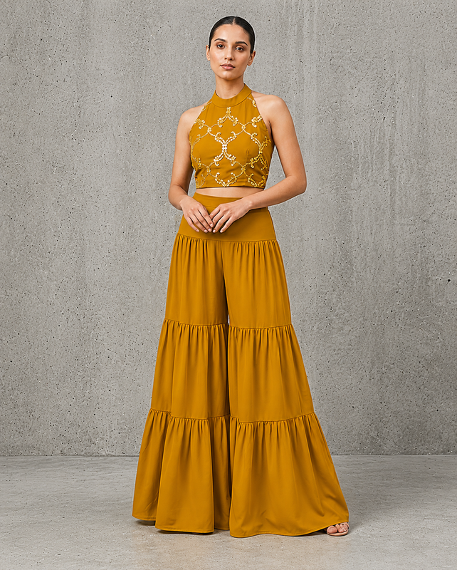 IHSAR Mehendi Brown Sharara Pants in Mustard – sharara with gold sequin embroidery