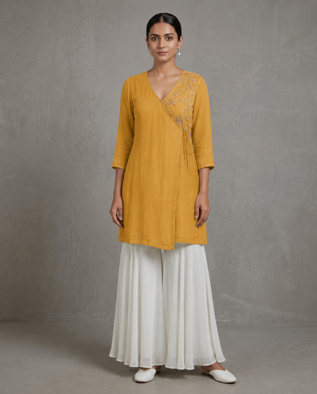 IHSAR Angrakha Sequins Wrap Kurta in Mustard – kurta with gold sequin embroidery