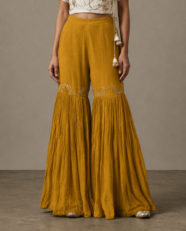IHSAR White Sharara Pants in Mustard – sharara with gold sequin embroidery