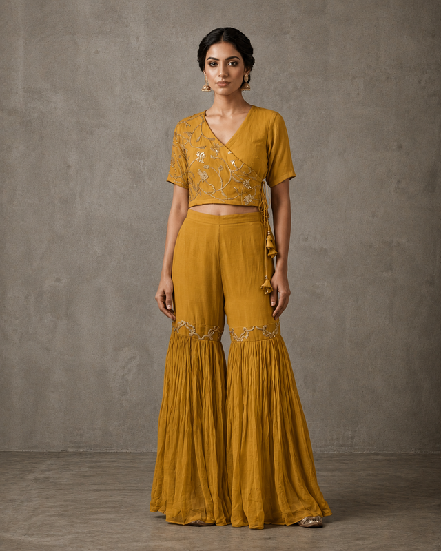 IHSAR Angrakha Sequins Crop Blouse in Mustard – blouse with gold sequin embroidery