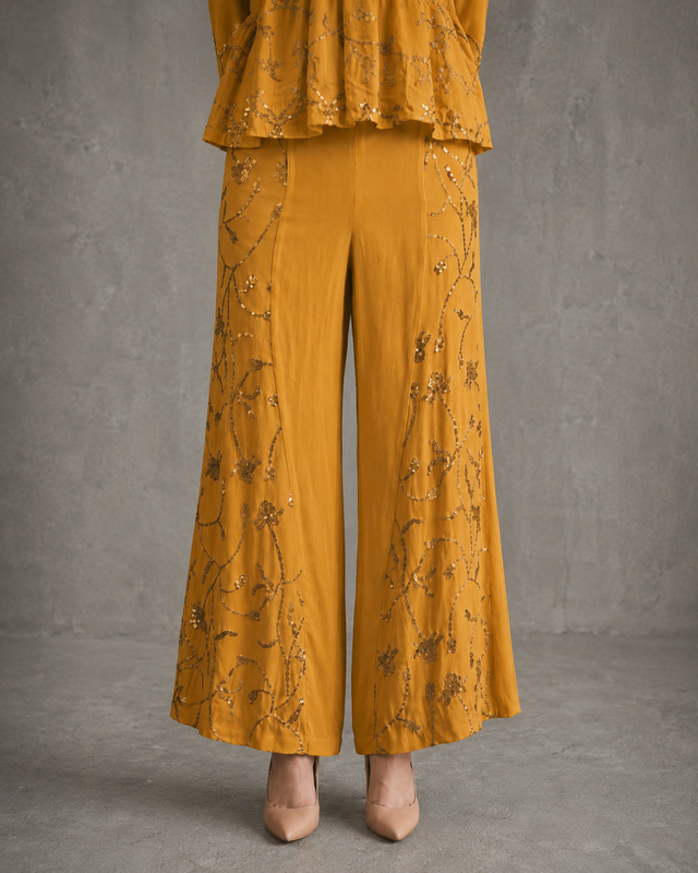 IHSAR Off-White Wide Leg Pants in Mustard – pants with gold sequin embroidery
