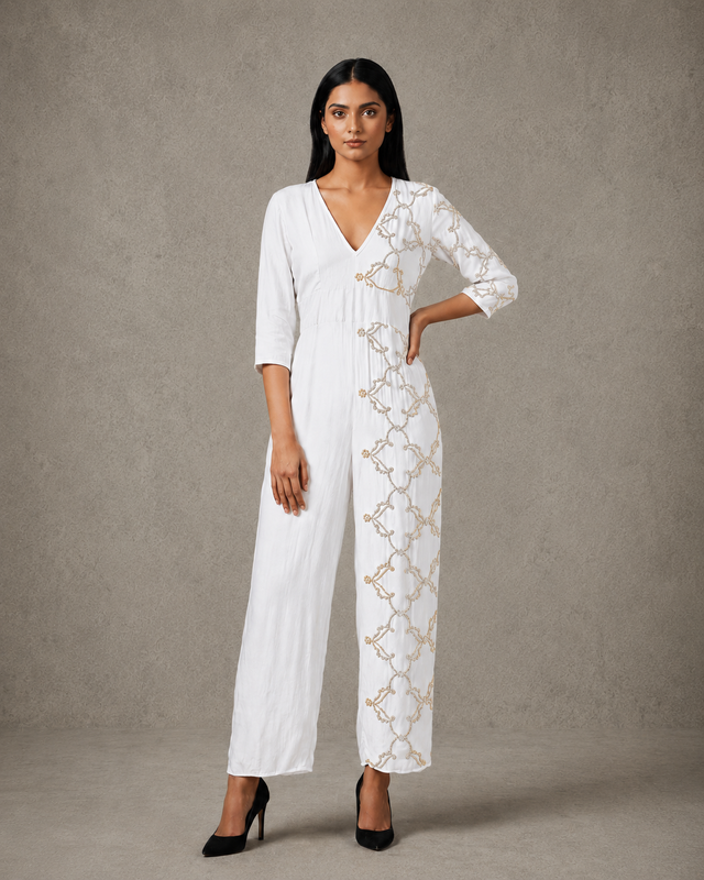 IHSAR Black Cocktail Jumpsuit in Off-White – jumpsuit with gold sequin embroidery