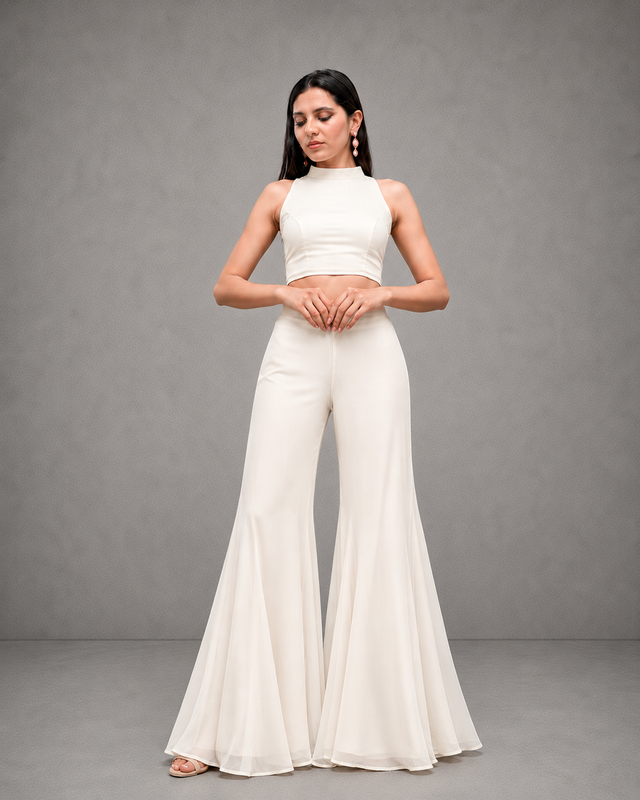 IHSAR Baby Pink Crop Top and Flared Sharara Pant Set in Off-White – co-ord set with gold sequin embroidery