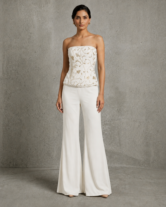 IHSAR Mint Green Tube Top in Off-White – tube top with gold sequin embroidery