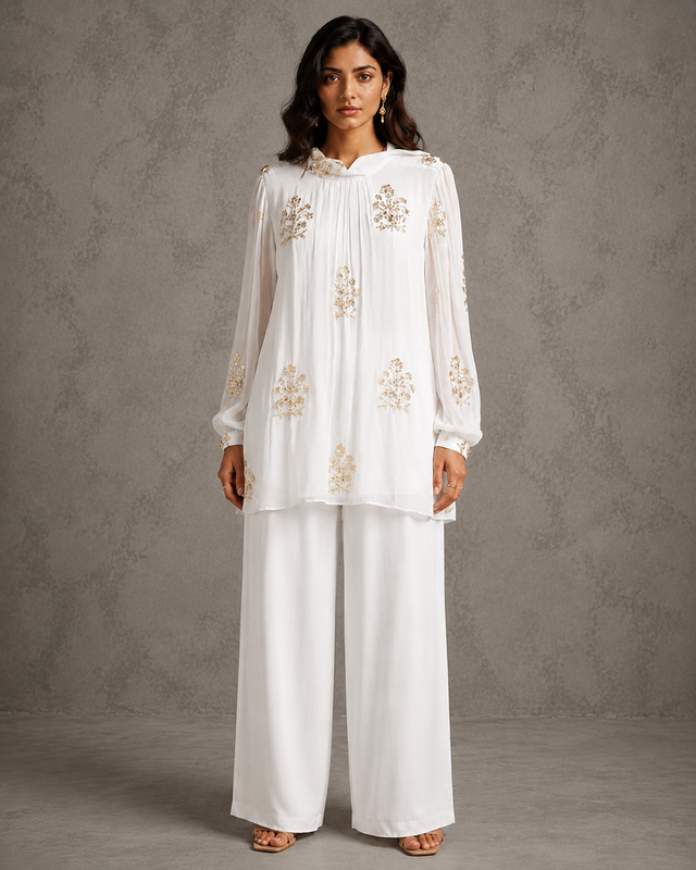 IHSAR Mint Green Sequins Georgette Top in Off-White – top with gold sequin embroidery