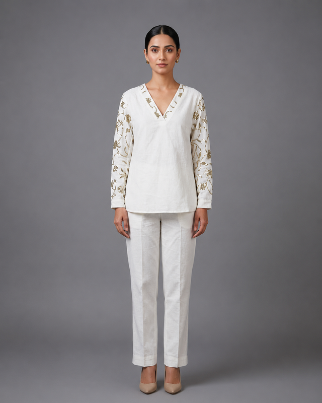 IHSAR Honey Gold V-Neck Silk Chanderi Top in Off-White – top with gold sequin embroidery
