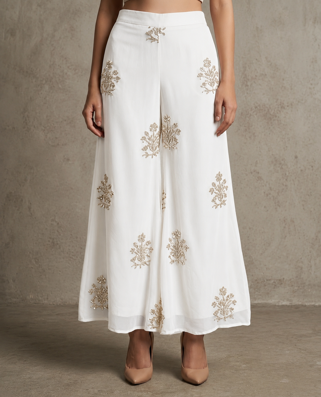 IHSAR Flared Off-White Pants in Off-White – pants with gold sequin embroidery