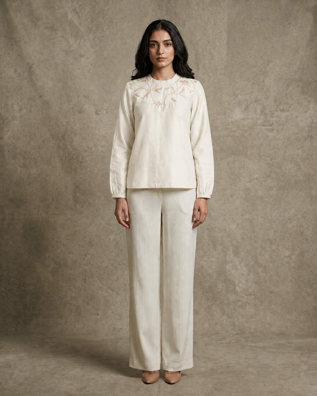 IHSAR Olive Sequins Top in Off-White – top with gold sequin embroidery