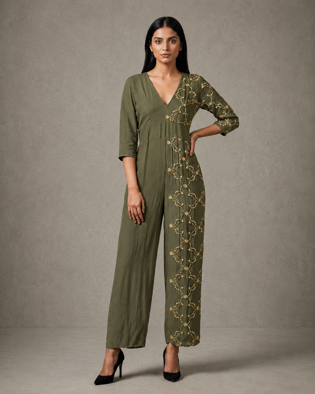 IHSAR Black Cocktail Jumpsuit in Olive – jumpsuit with gold sequin embroidery