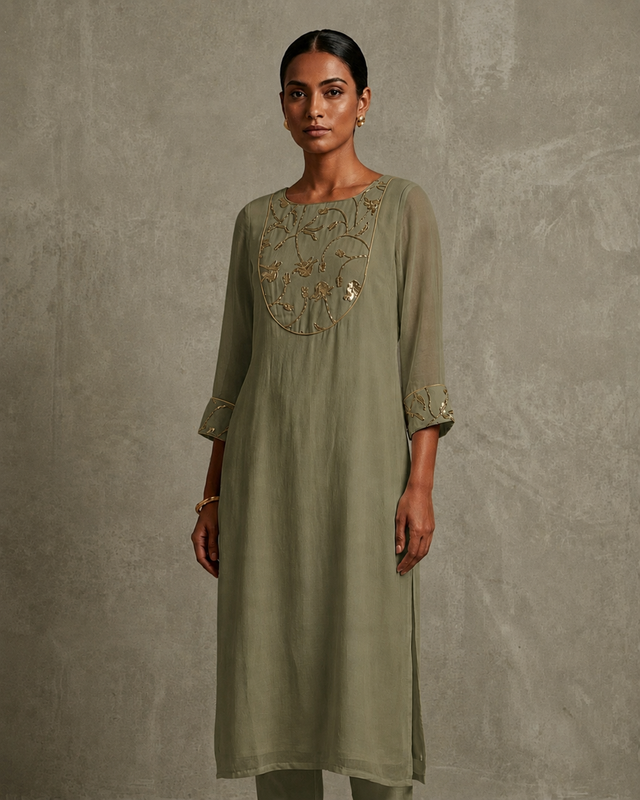 IHSAR Powder Blue Sequins Long Kurta in Olive – kurta with gold sequin embroidery