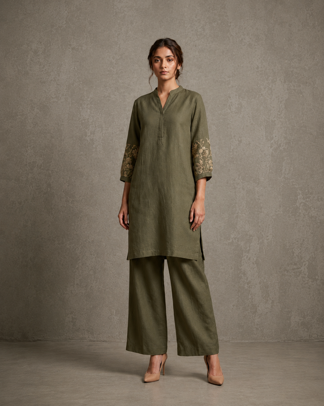 IHSAR Off-White Kurta With Sequins Sleeves in Olive – kurta with gold sequin embroidery