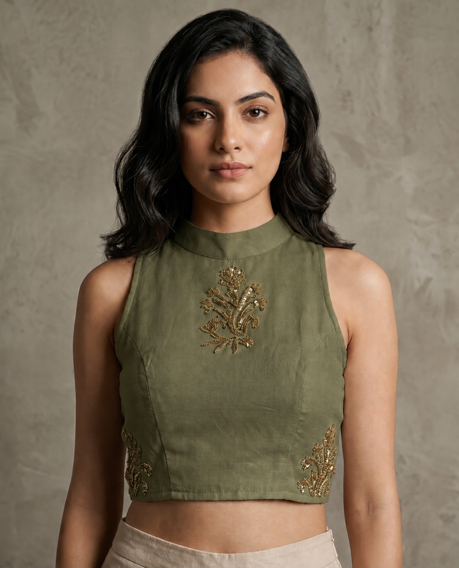 IHSAR Off-White Tank-Top Style Blouse in Olive – blouse with gold sequin embroidery