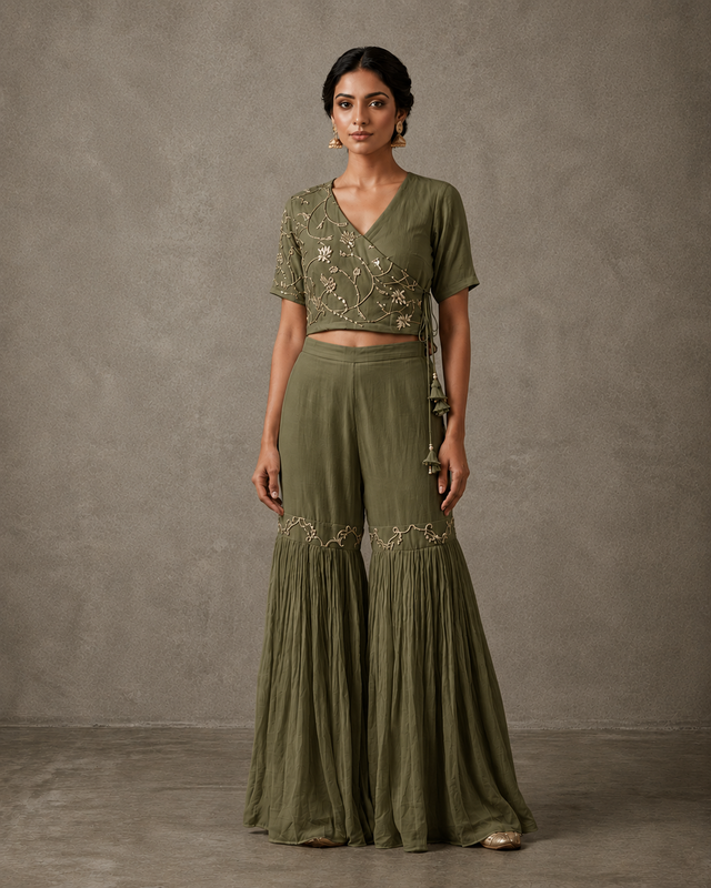 IHSAR White Angrakha Crop Top and Sharara Pant Set in Olive – co-ord set with gold sequin embroidery