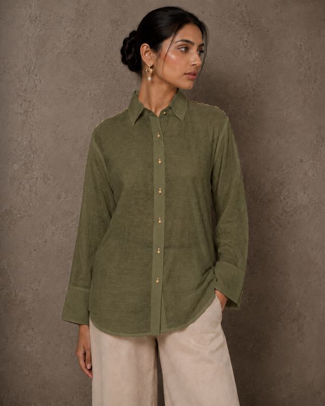 IHSAR Off-White Sheer Button-Down Shirt in Olive – shirt with gold sequin embroidery