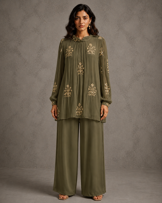 IHSAR Mint Green Sequins Georgette Top in Olive – top with gold sequin embroidery