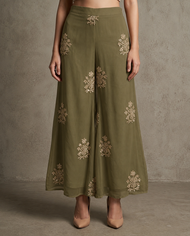 IHSAR Flared Off-White Pants in Olive – pants with gold sequin embroidery
