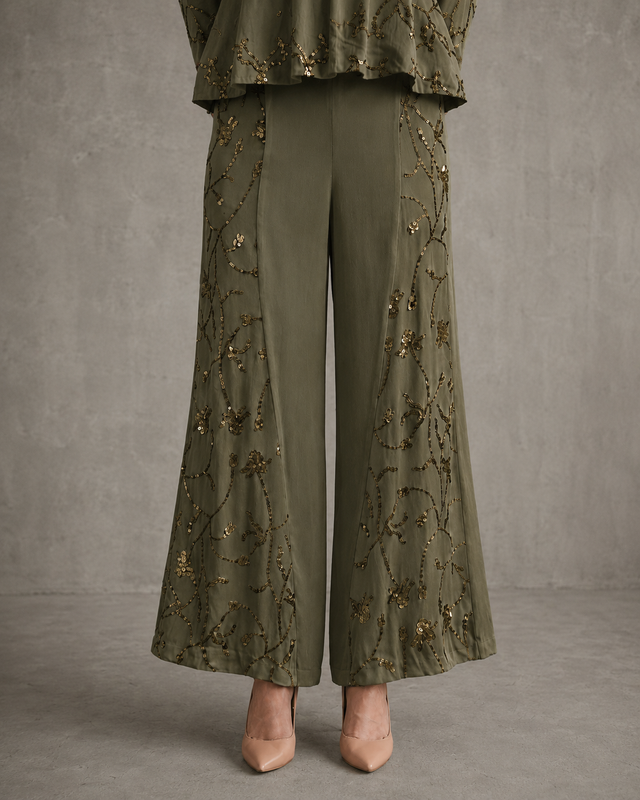 IHSAR Off-White Wide Leg Pants in Olive – pants with gold sequin embroidery