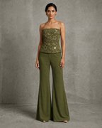 IHSAR Blue Bell Bottoms in Olive – bell bottoms with gold sequin embroidery