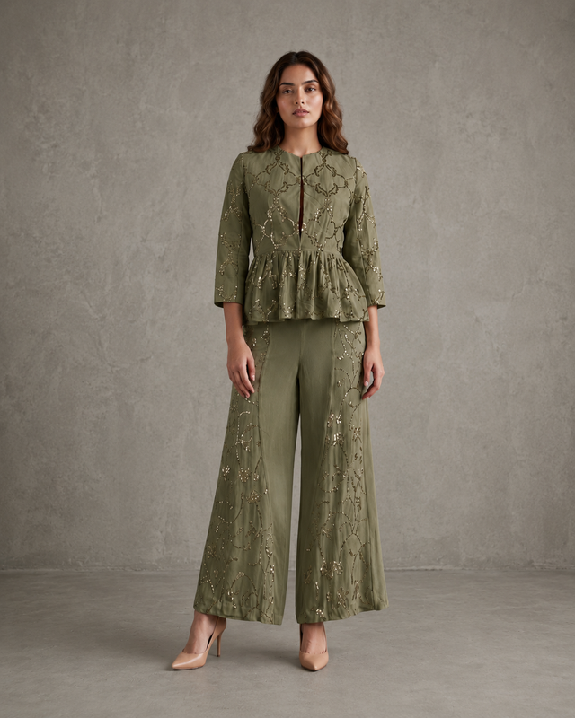 IHSAR Off-White Co-ord Set in Olive – co-ord set with gold sequin embroidery