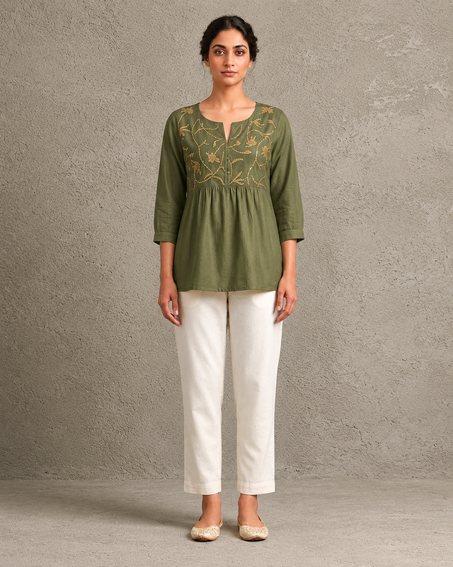IHSAR Off-White Boho Top in Olive – top with gold sequin embroidery