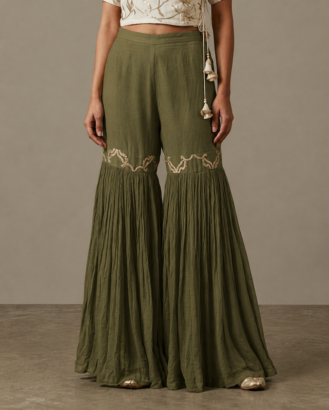 IHSAR White Sharara Pants in Olive – sharara with gold sequin embroidery