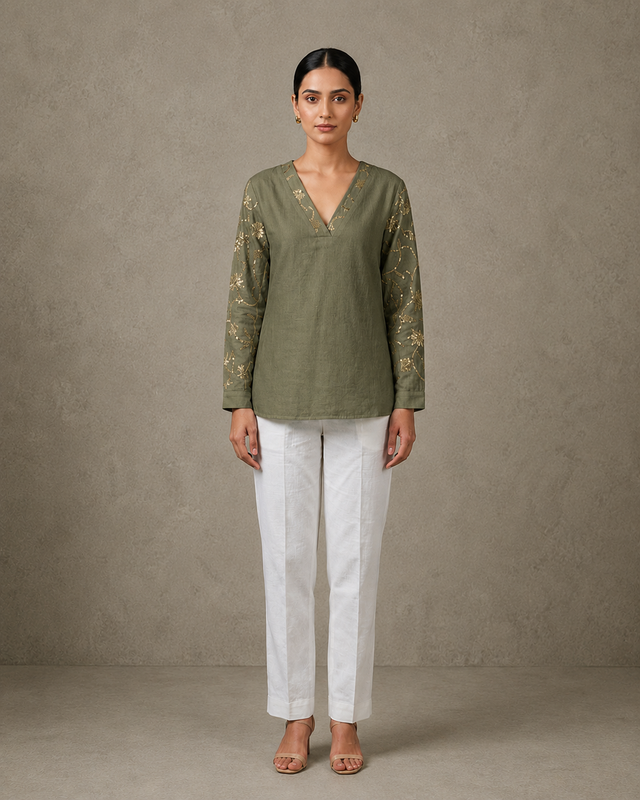 IHSAR Honey Gold V-Neck Silk Chanderi Top in Olive – top with gold sequin embroidery