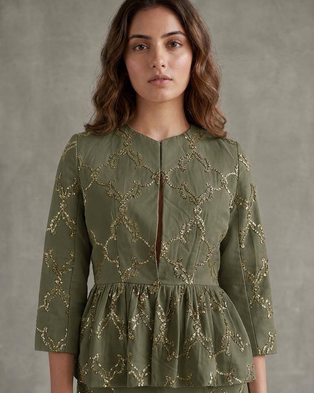 IHSAR Off-White Peplum Jacket in Olive – jacket with gold sequin embroidery