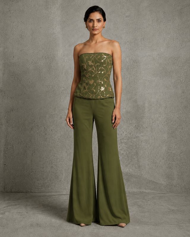 IHSAR Blue Bell Bottoms in Olive – bell bottoms with gold sequin embroidery